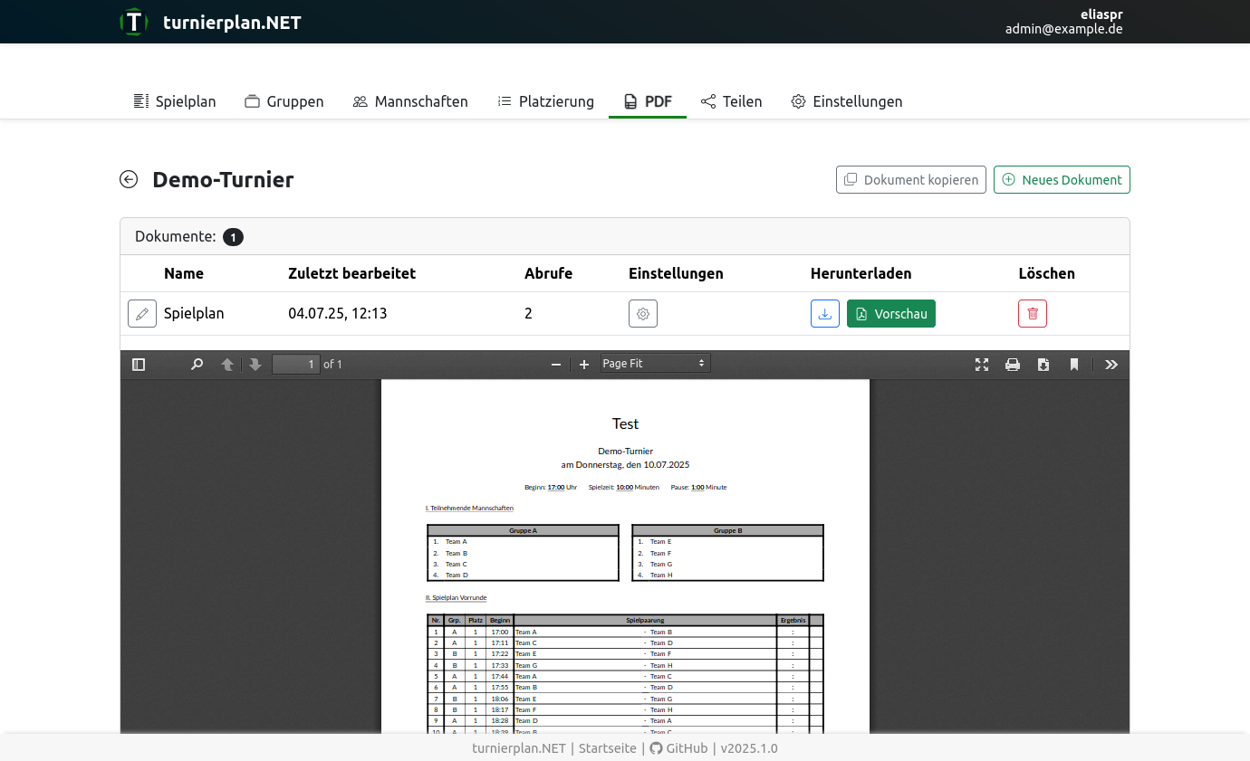 Screenshot vom Erzeugen eines PDF-Spielplans
